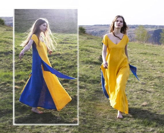 blue and yellow color block dress Girls Button Detail Wavy Color Block Dress
