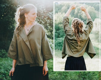 Summer linen jacket, linen kimono style olive blaser, boho unique linen blouse, loose oversized comfy jacket, ethnic style jacket