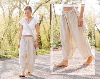 Leinenhose. Hose mit weitem Bein. Hose aus Naturleinen. Lässige Hose. Boho locker. Damen Palazzo Hose. Hose in Übergröße. Sommer Hose