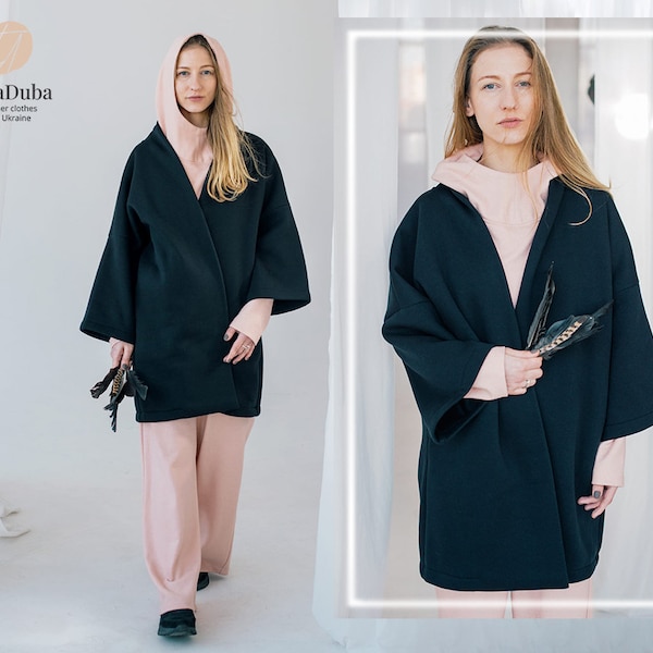 Giacca kimono nera fatta a mano, vestaglia kimono in cotone, idee per l'abbigliamento da salotto taglie forti per la luna di miele, abbigliamento da casa di lusso, cardigan kimono per le vacanze