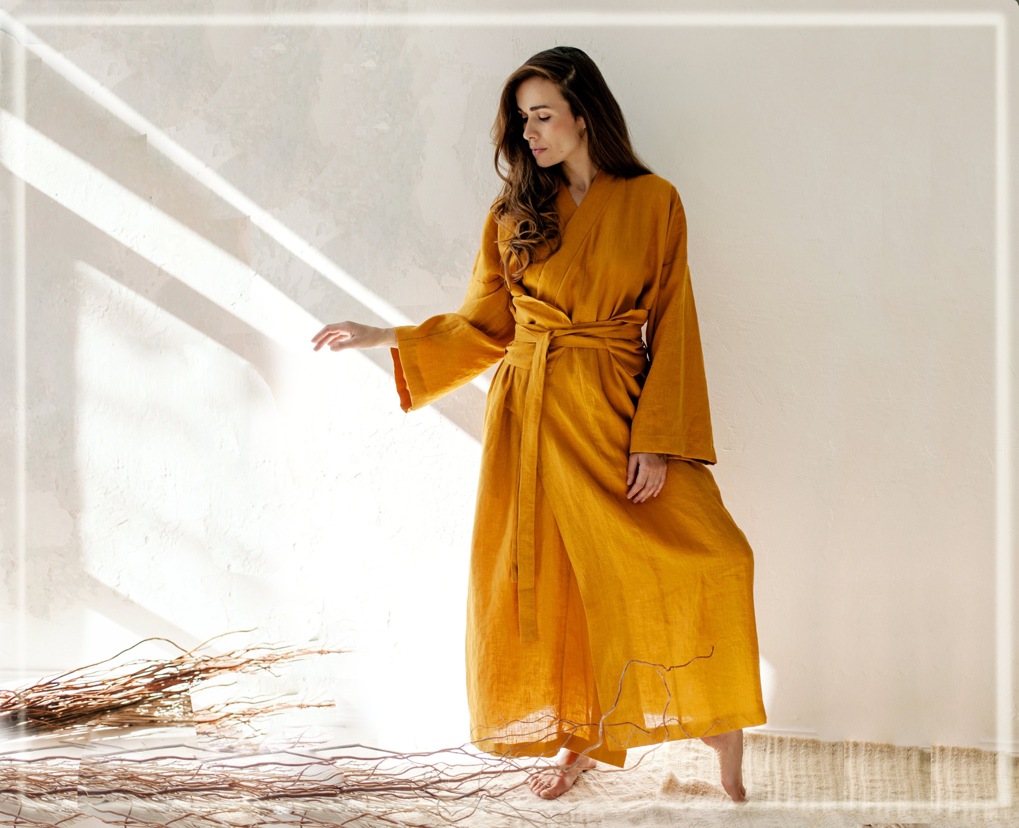 chinese dress ladies Yellow short sleeve V linen wrap dress with belt 2803 – Xiaolizi