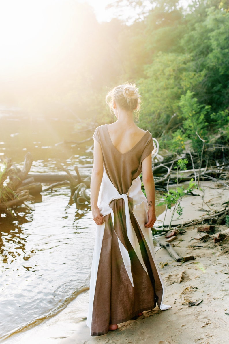 Linen bridesmaid dress, boho wedding dress, white & beige maxi dress, minimalist wedding dress, wedding guest dress image 10