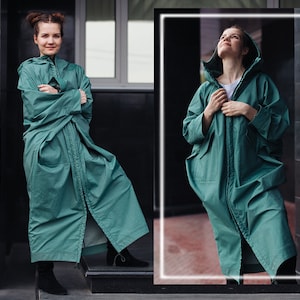 Long blue alternative raincoat, waterproof trench coat, waterproof jacket, hooded raincoat, oversized raincoat, waterproof coat