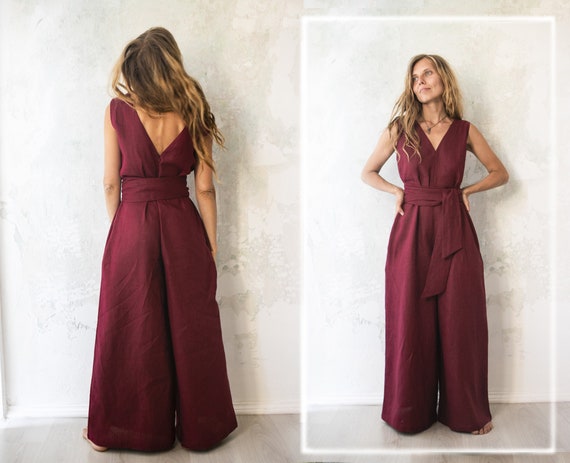 Red linen jumpsuit, Boho wide leg maxi overalls, Summer romper for women
