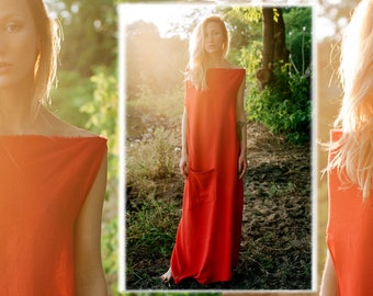 Red Linen Maxi Dress: Bohemian Kaftan with Pocket