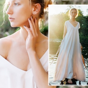 Vestido largo de lino blanco: vestido bohemio convertible con bolsillos