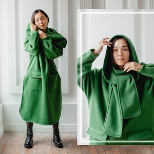 Green warm dress, oversize dress with pockets, warm dress with hood, long hooded dress, sweater dress, hoodie dress, warm tunic dress