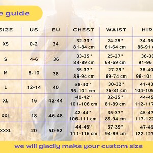 May include: Size chart for clothing with measurements in inches and centimeters. The chart shows sizes XS through XXXL with corresponding US, EU, chest, waist, and hip measurements.