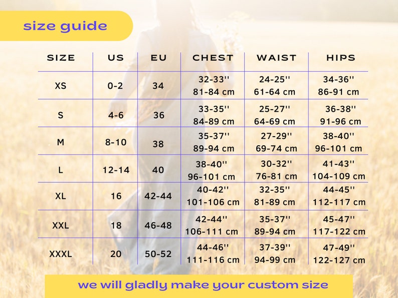 May include: Size chart for clothing with measurements in inches and centimeters. The chart shows sizes XS through XXXL with corresponding US, EU, chest, waist, and hip measurements.