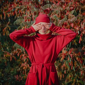Red Jersey Knit Dress: Oversized Turtleneck with Belt