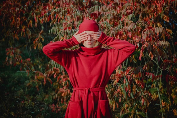 red jersey knit dress Long Sleeve Jersey Knit Dress with embroidered logo [TX016-7637/ROL-RED]