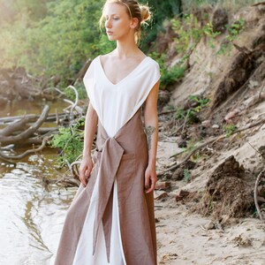 Linen bridesmaid dress, boho wedding dress, white & beige maxi dress, minimalist wedding dress, wedding guest dress image 7