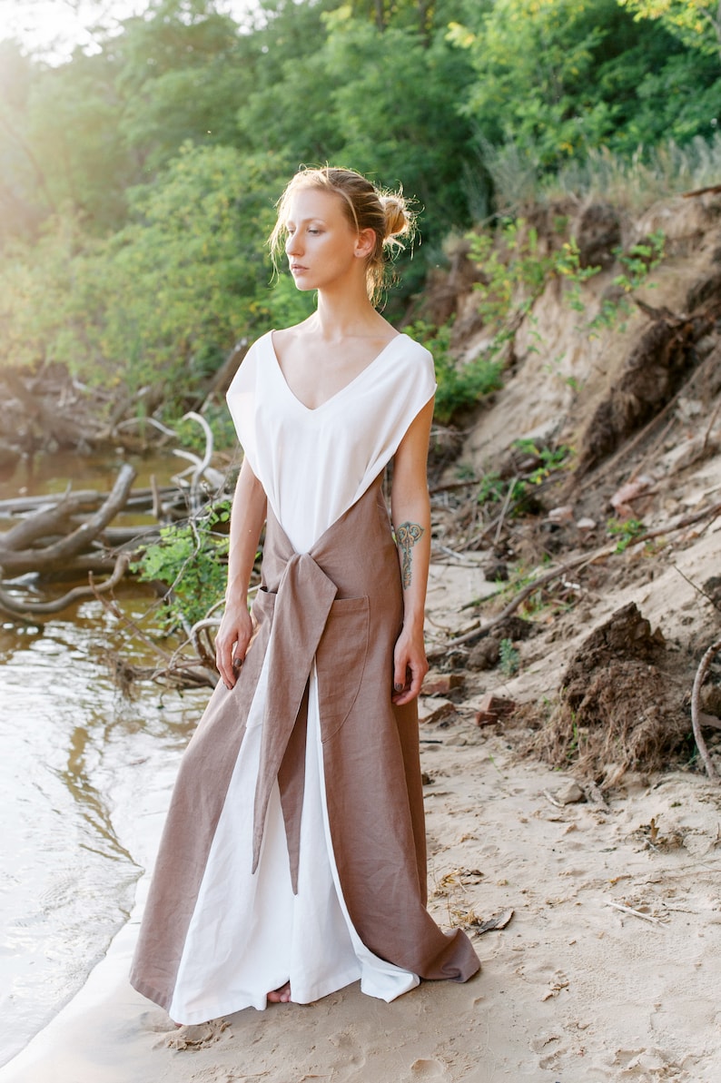 Linen bridesmaid dress, boho wedding dress, white & beige maxi dress, minimalist wedding dress, wedding guest dress image 7