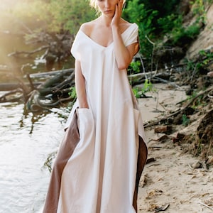 Linen bridesmaid dress, boho wedding dress, white & beige maxi dress, minimalist wedding dress, wedding guest dress image 1