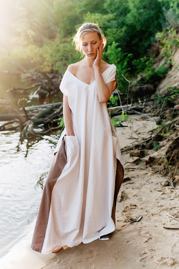 Linen Maxi Dress: White & Beige Color Block Boho Wedding Guest Dress - Etsy