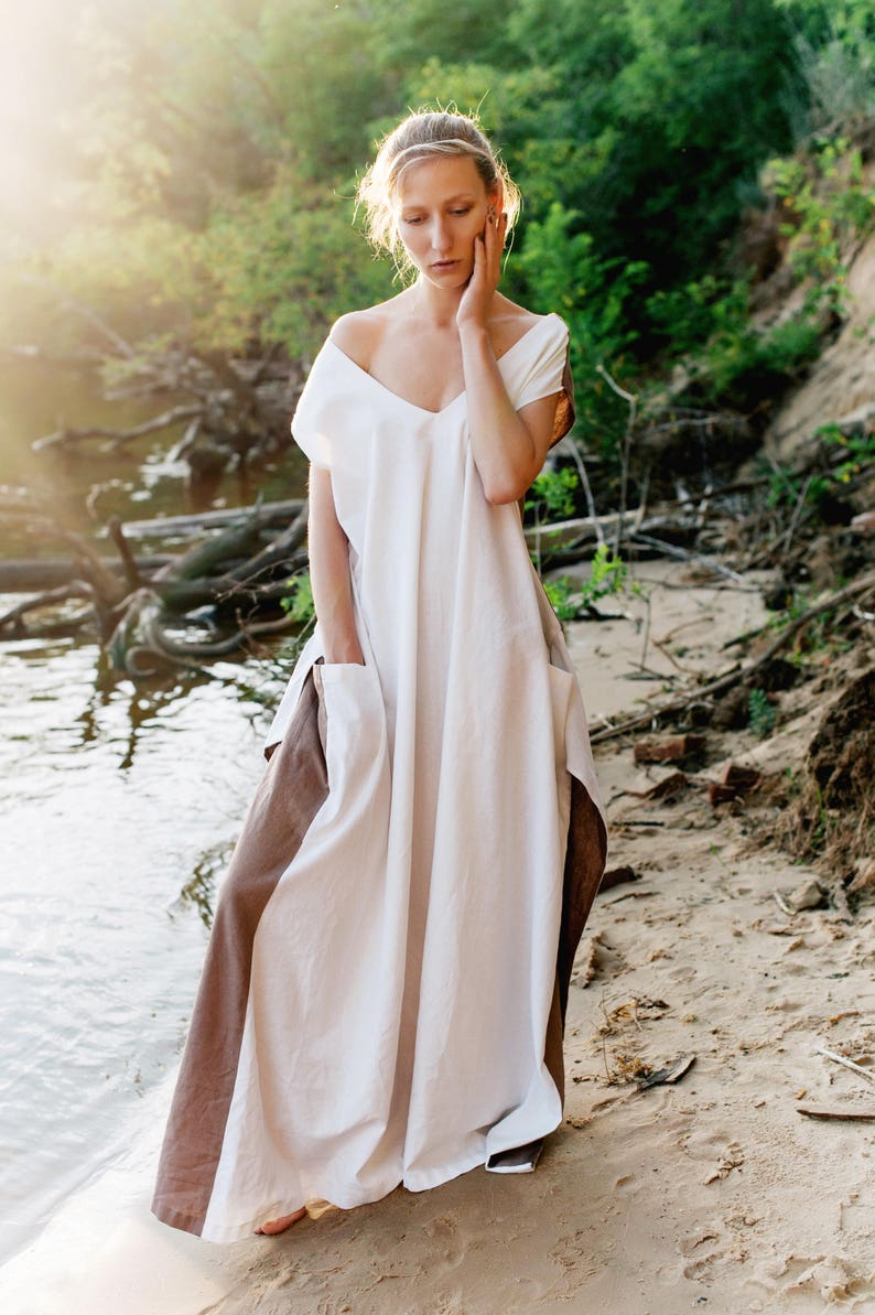 Linen bridesmaid dress, boho wedding dress, white & beige maxi dress, minimalist wedding dress, wedding guest dress image 1