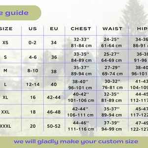 May include: A size guide chart showing measurements in inches and centimetres. The chart includes sizes XS to XXXL, with corresponding US and EU sizes, chest, waist, and hip measurements. The text "size guide" is at the top.