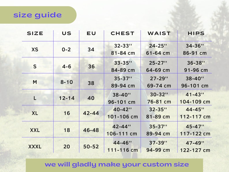 May include: A size guide chart showing measurements in inches and centimetres. The chart includes sizes XS to XXXL, with corresponding US and EU sizes, chest, waist, and hip measurements. The text "size guide" is at the top.