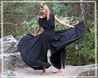 Black Wide Leg Palazzo Pants: Cotton Blend Boho Trousers