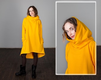 Warm casual  hooded dress, warm maxi tunic dress, yellow boho warm dress with a hood, hoodie dresses, more colors available, winter dress