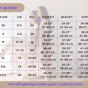 May include: Size chart for clothing with measurements in inches and centimeters. The chart shows sizes XS through XXXL with corresponding US, EU, chest, waist, and hip measurements.