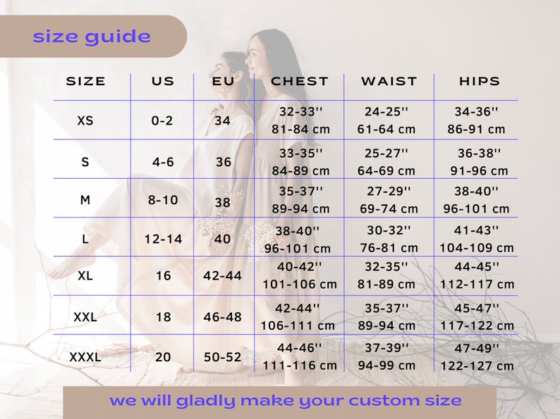 May include: Size chart for clothing with measurements in inches and centimeters. The chart shows sizes XS through XXXL with corresponding US, EU, chest, waist, and hip measurements.