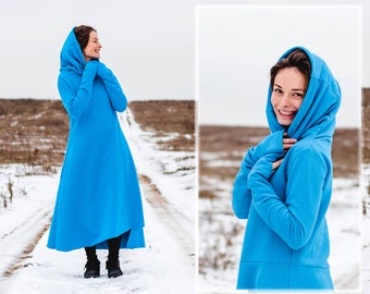 Warm casual dress, Bright blue winter dress, Winter boho dress coat with extended sleeve and hood, Long loose fit dress, Oversize dress