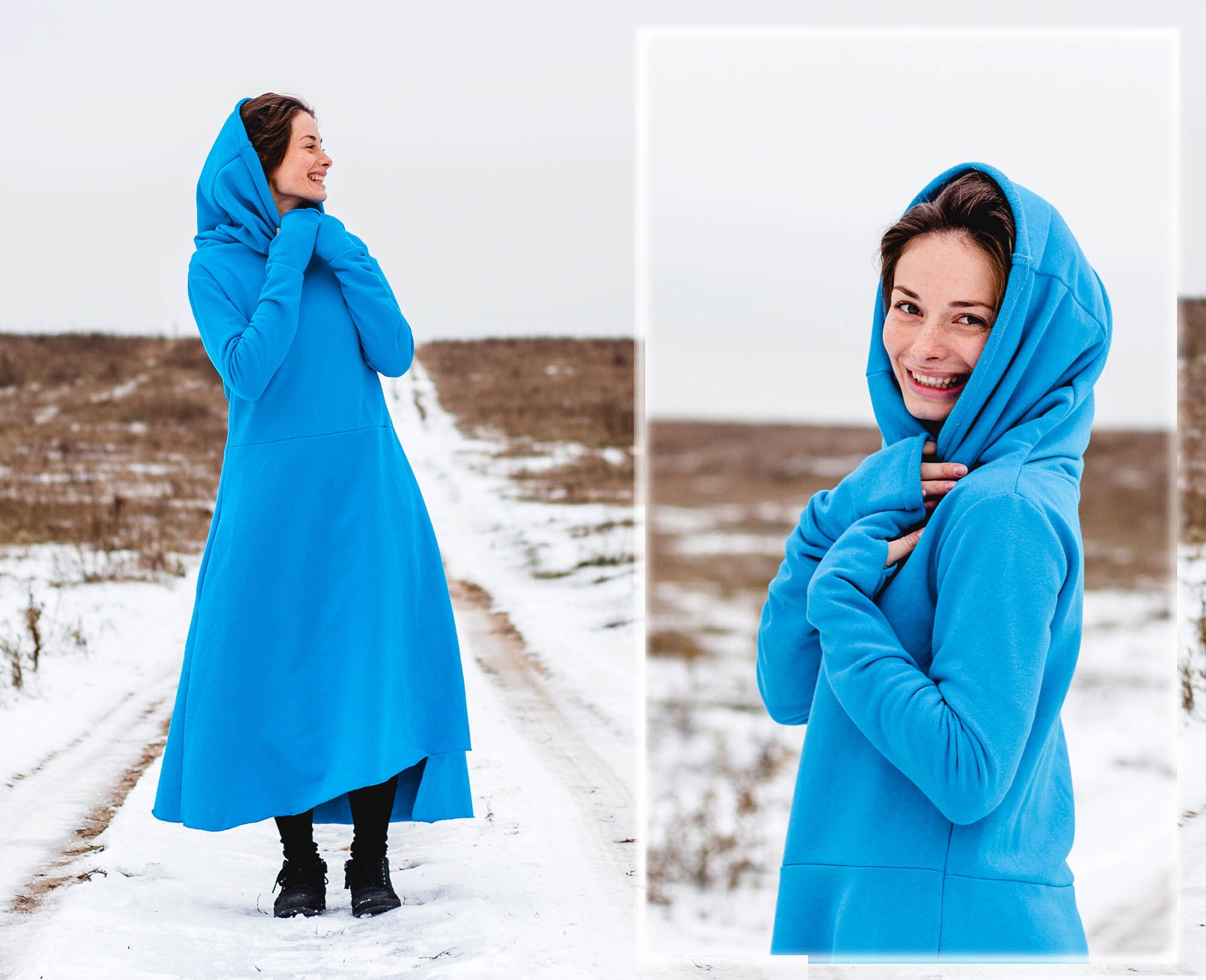 Warm Casual Dress Blue Winter Dress Blue Boho Dress Etsy