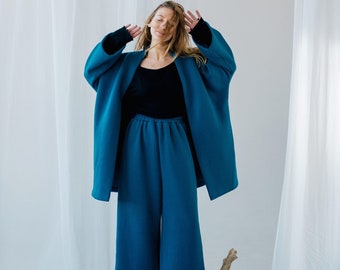 Abrigo de kimono azul con diseño forrado, ropa exterior estampada, chaqueta de moda, ropa de mujer, estilo único