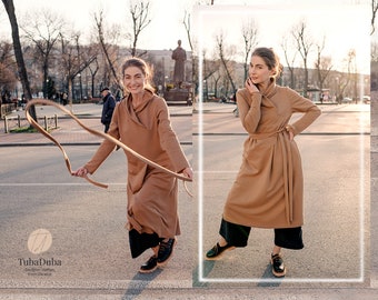 Hooded Jersey Dress: Boho Asymmetric Hem, Belted Cotton Knit