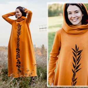 Warm maxi dress with hood, warm maxi print dress, oversize print dress, warm winter dress, warm sweater dress, winter maxi dress