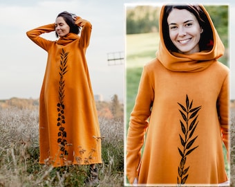 Vestido largo con capucha y estampado floral hecho a mano: vestido estilo suéter extragrande de mezcla de algodón