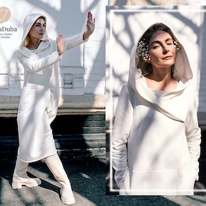 Women cotton hooded dress, Warm casual hooded dress, Warm winter dress, Warm tunic dress, Warm sweater dress, Winter maxi dress