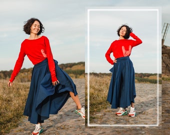 Dark Blue Palazzo Pants: Cotton Blend Wide Leg Skirt Pants