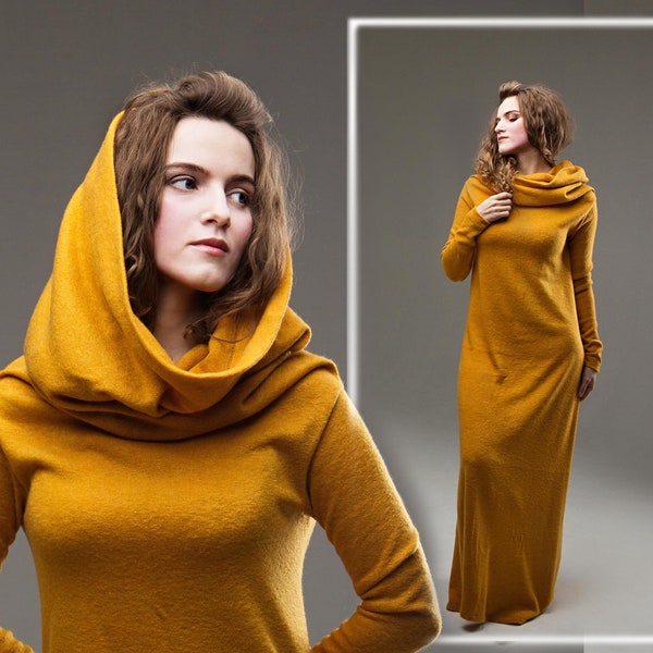 Warm maxi dress with hood, yellow winter dress, warm hooded dress, long warm dress