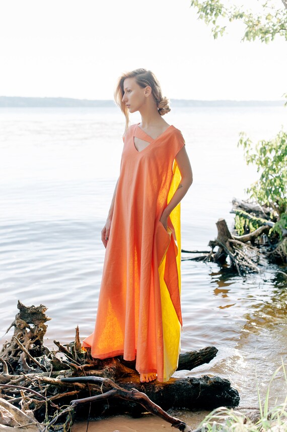 orange colour block dress Linen Color Block Dress: Orange & Yellow Oversize Kaftan