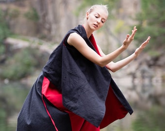 Women's Cotton Comfy Vest, Reversible Waistcoat, Kimono Style Organic Cotton Vest, Black and Red Waistcoat, Futuristic Vest