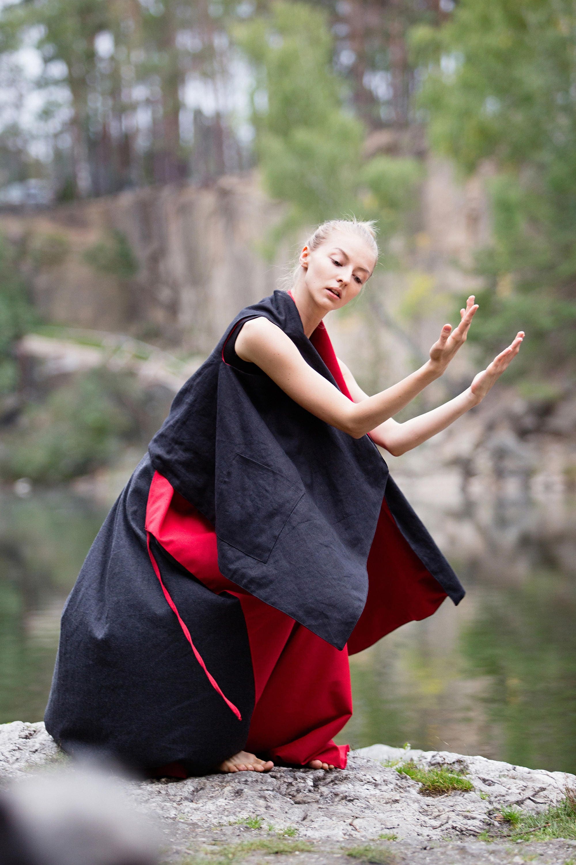 Reversible Cotton Linen Vest Black & Red Kimono Style Waistcoat