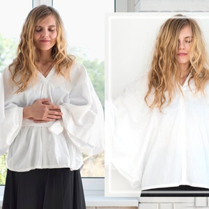 White boho kimono inspired blouse, women linen kimono style blouse, plus size summer soft linen blouse in japanese style