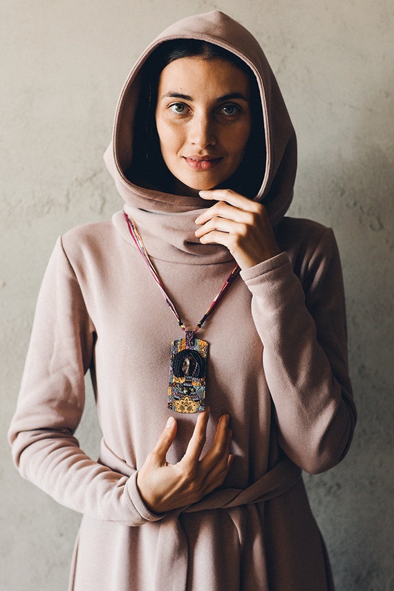 Hooded Maxi Dress: Oversized Cotton Jersey Turtleneck