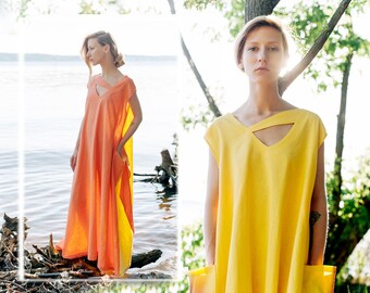 Linen Color Block Dress: Orange & Yellow Oversize Kaftan