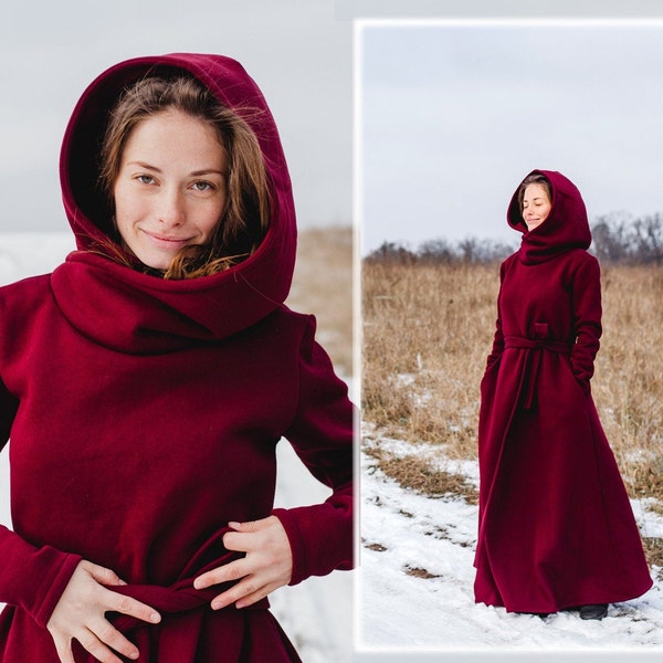 Red Hooded Maxi Dress, Oversize Warm Dress, Cozy Hooded Dress, Winter Fashion, More Colors Available