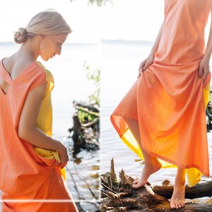 Convertible Linen Maxi Dress: Orange & Yellow, Loose Fitting