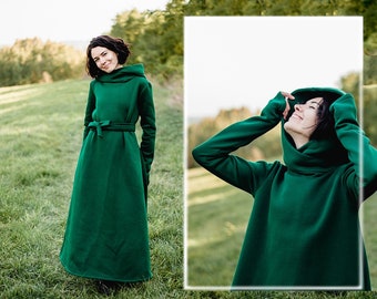 Warm maxi dress with hood, oversize dress, winter hooded, green dress, more colors available, warm dress, hooded dress, turtleneck dress