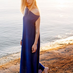 Black Linen Dress, Natural Organic Summer Clothes, Women's Everyday Wear, Eco-friendly Fashion Dark Blue