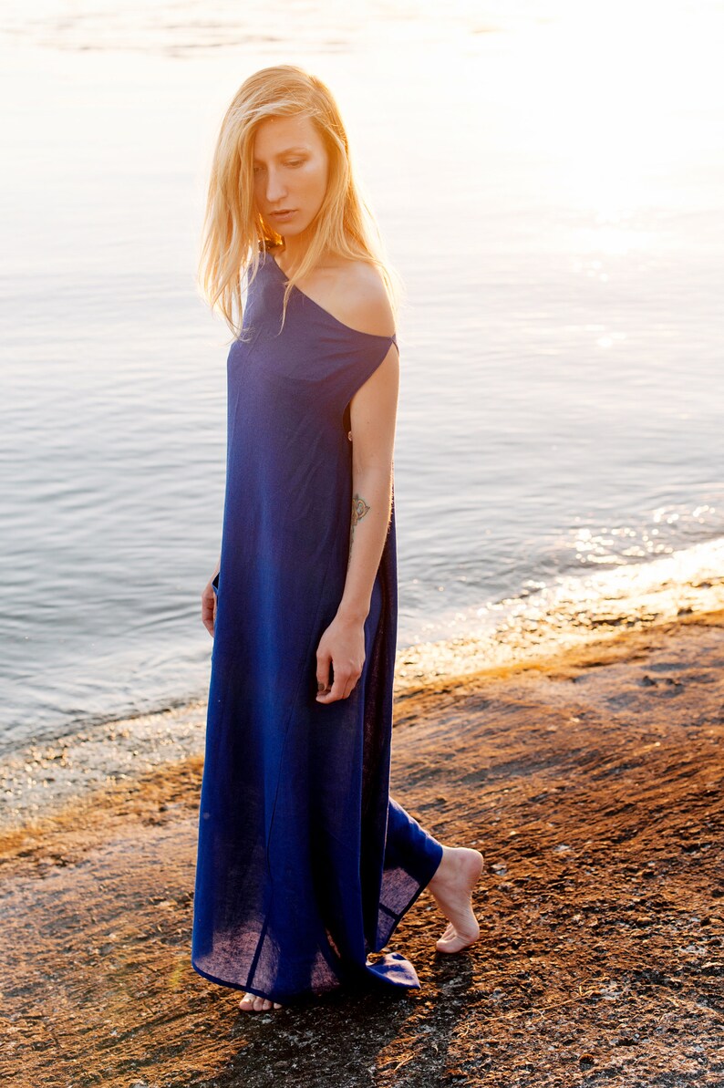 Black Linen Dress, Natural Organic Summer Clothes, Women's Everyday Wear, Eco-friendly Fashion Dark Blue