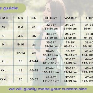 May include: Size guide chart for clothing with measurements in inches and centimeters. The chart shows sizes XS through XXXL with corresponding US, EU, chest, waist, and hip measurements.