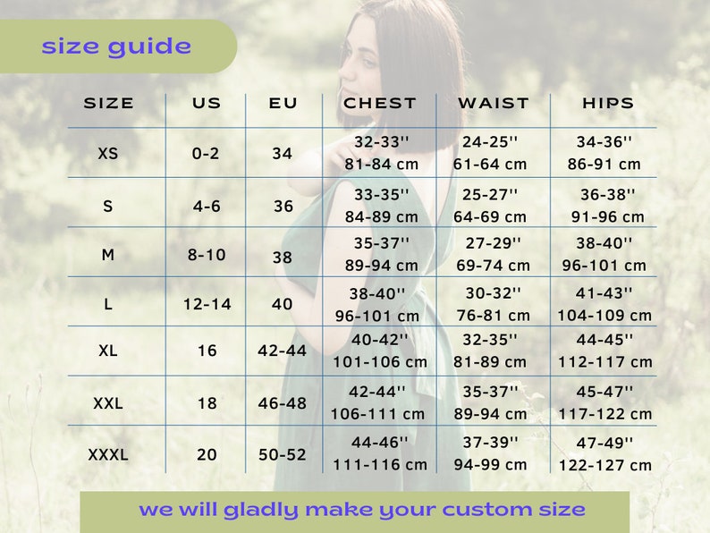 May include: Size guide chart for clothing with measurements in inches and centimeters. The chart shows sizes XS through XXXL with corresponding US, EU, chest, waist, and hip measurements.