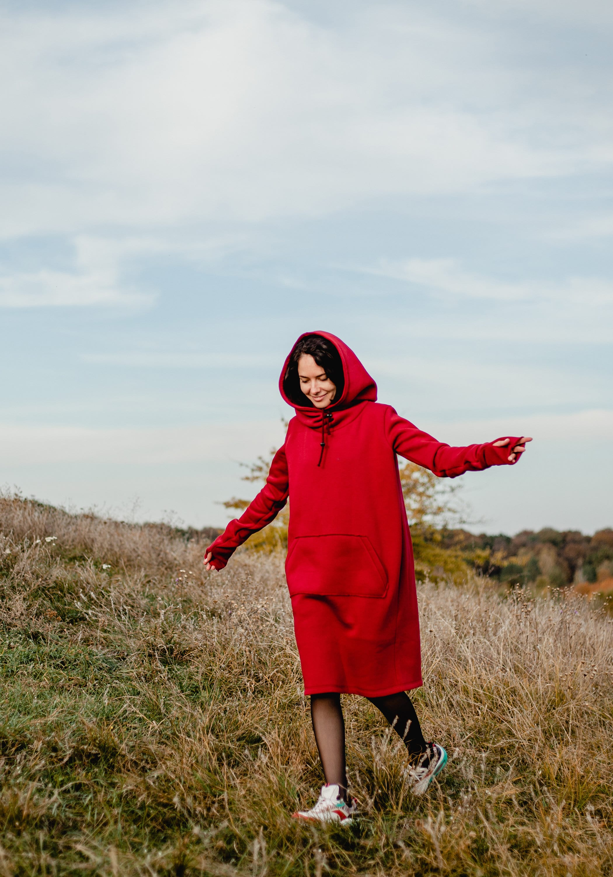 Red Hooded Cotton Jersey Dress Oversized Comfy Fit
