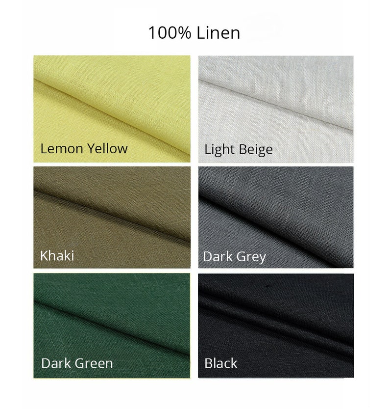 May include: Swatch cards showing five different colors of 100% linen fabric: lemon yellow, light beige, khaki, dark grey, and black.